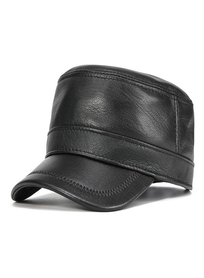 VOBOOM Leather Cadet Army Cap Adjustable Flat Top Military Style Hat for Men (Black) - Image 1